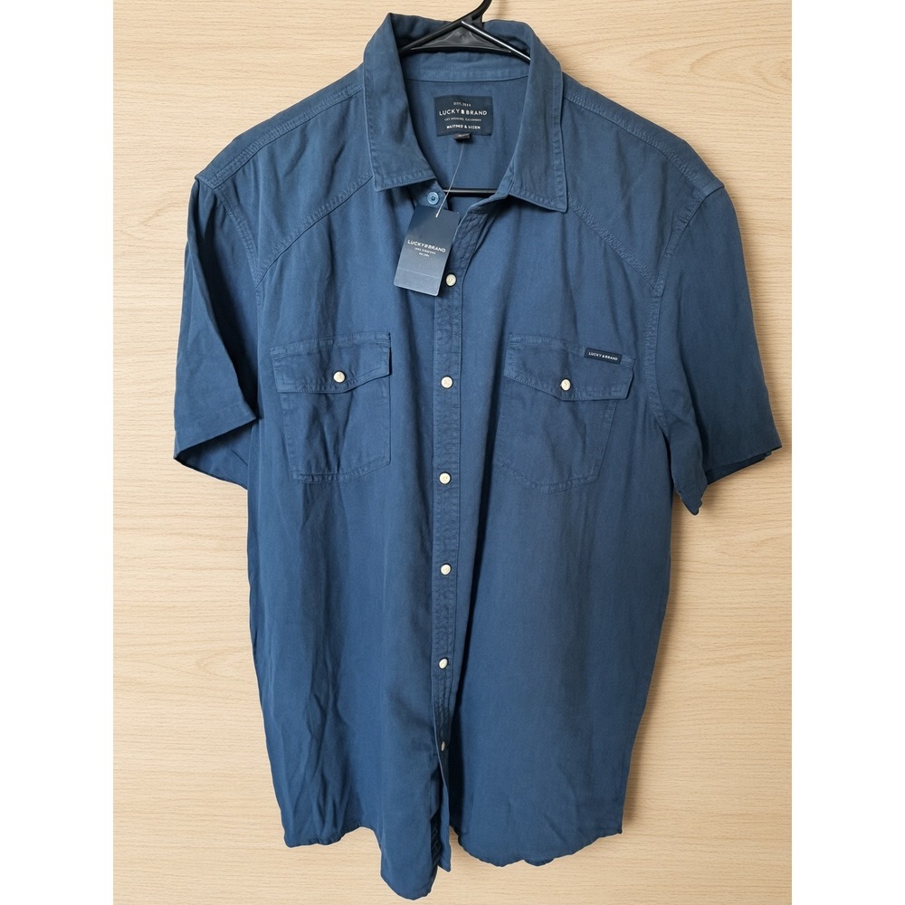 Lucky Brand Mens Large Blue Washed & Worn Short Sleeve Western Button Down Shirt